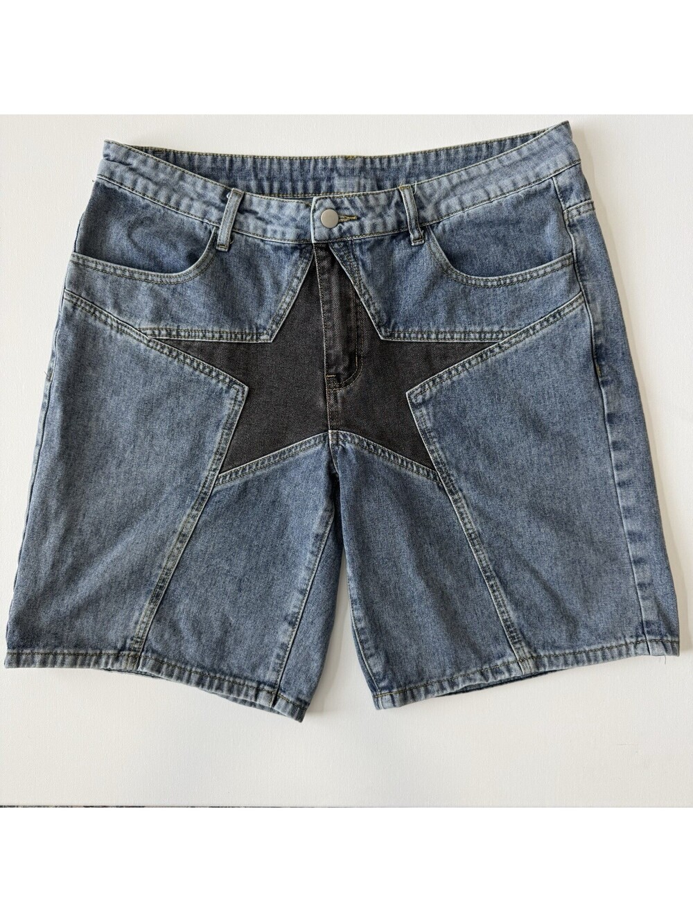 ROMWE Mens Denim Shorts Size 36 Blue Black Star Panel Y2K Skater Jean Shorts
